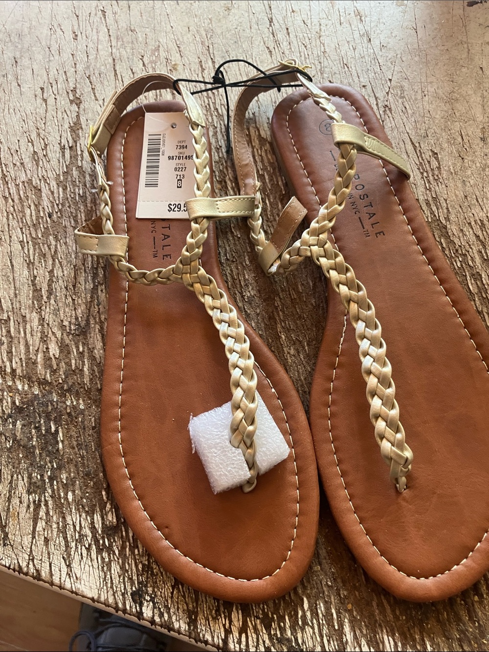 Aeropostale Women's Gold Braided T-Strap Flat Sandals